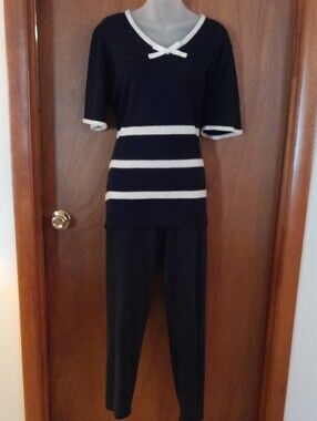 Vintage Classic Navy Blue and White Striped Women's Top
